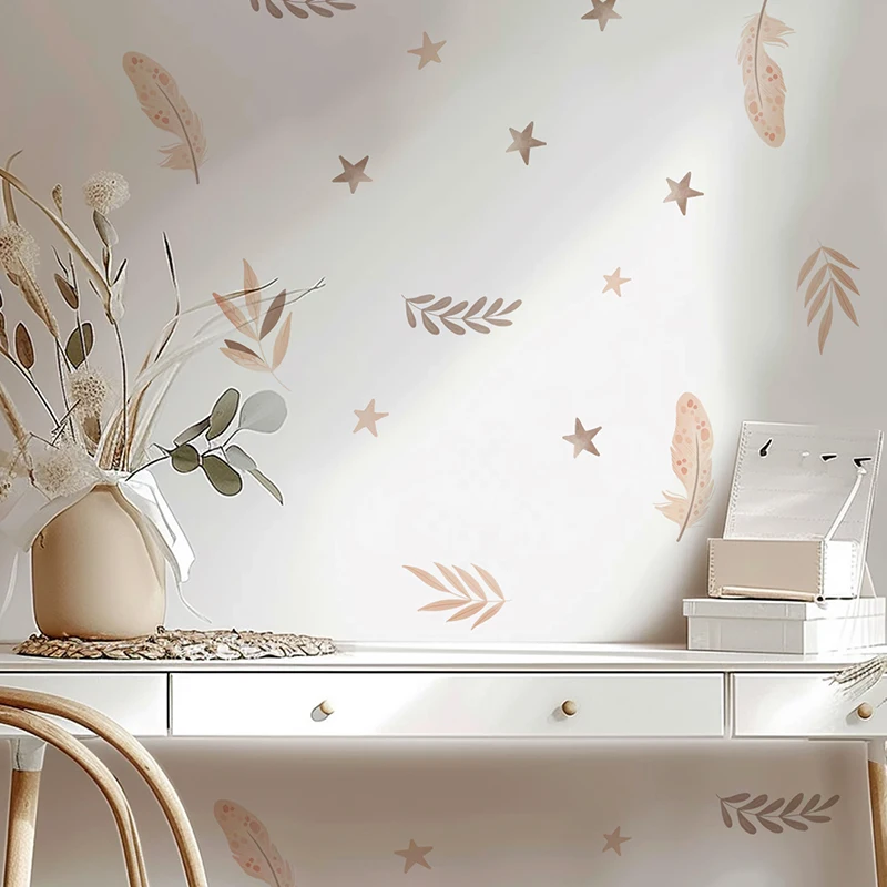Boho Cartoon Plant Wall Stickers For Kids Rooms Star Feather Leaves Wallpaper Nursery  Home Decoration Interior Decals Wall Art