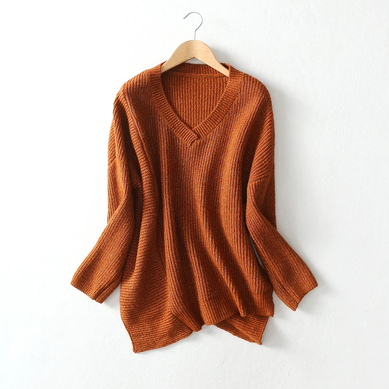 

Свободный трикотаж V-Ne Lazy Sle, длинный светящийся хлопковый свитер, женский повседневный удобный асимметричный свитер больших размеров