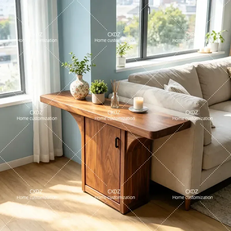 Wabi Sandy Wind Solid Wood Side Table with Cabinet Pine Storage Rectangle Decorative Table for Sofa Living Room Home