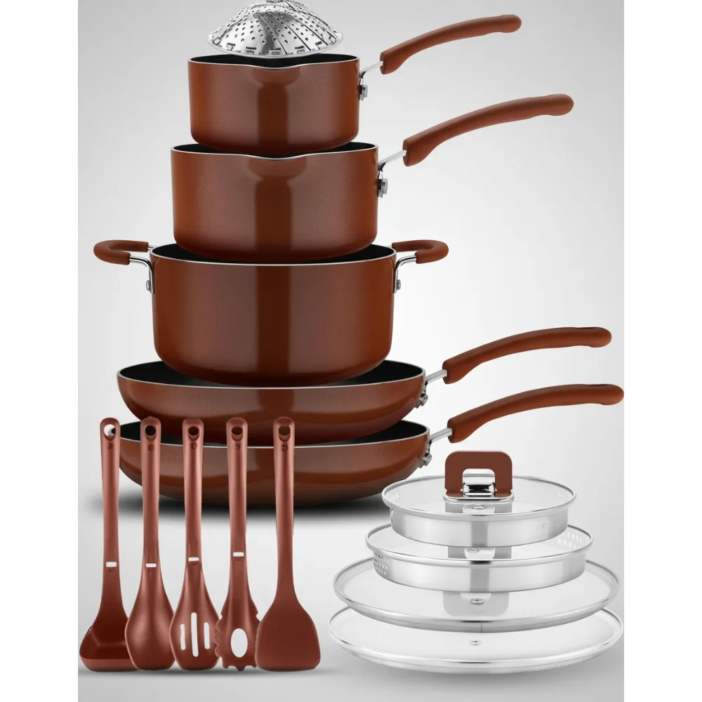 

17-Piece Stackable Cookware Set, Nonstick Induction Pots & Pans, Space-Saving for RV Kitchen & Small Homes