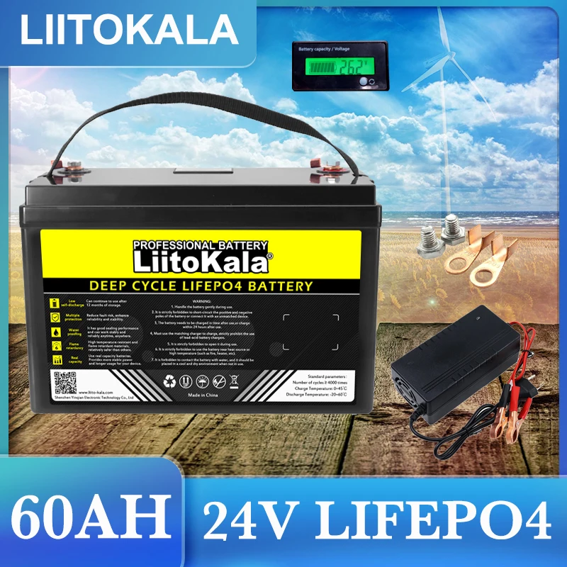 LiitoKala-Batería de fosfato de hierro y litio LiFePO4, 24V, 100Ah, 60Ah, 32Ah, para inversor de barco, encendedor de coche, 29,2 V, libre de