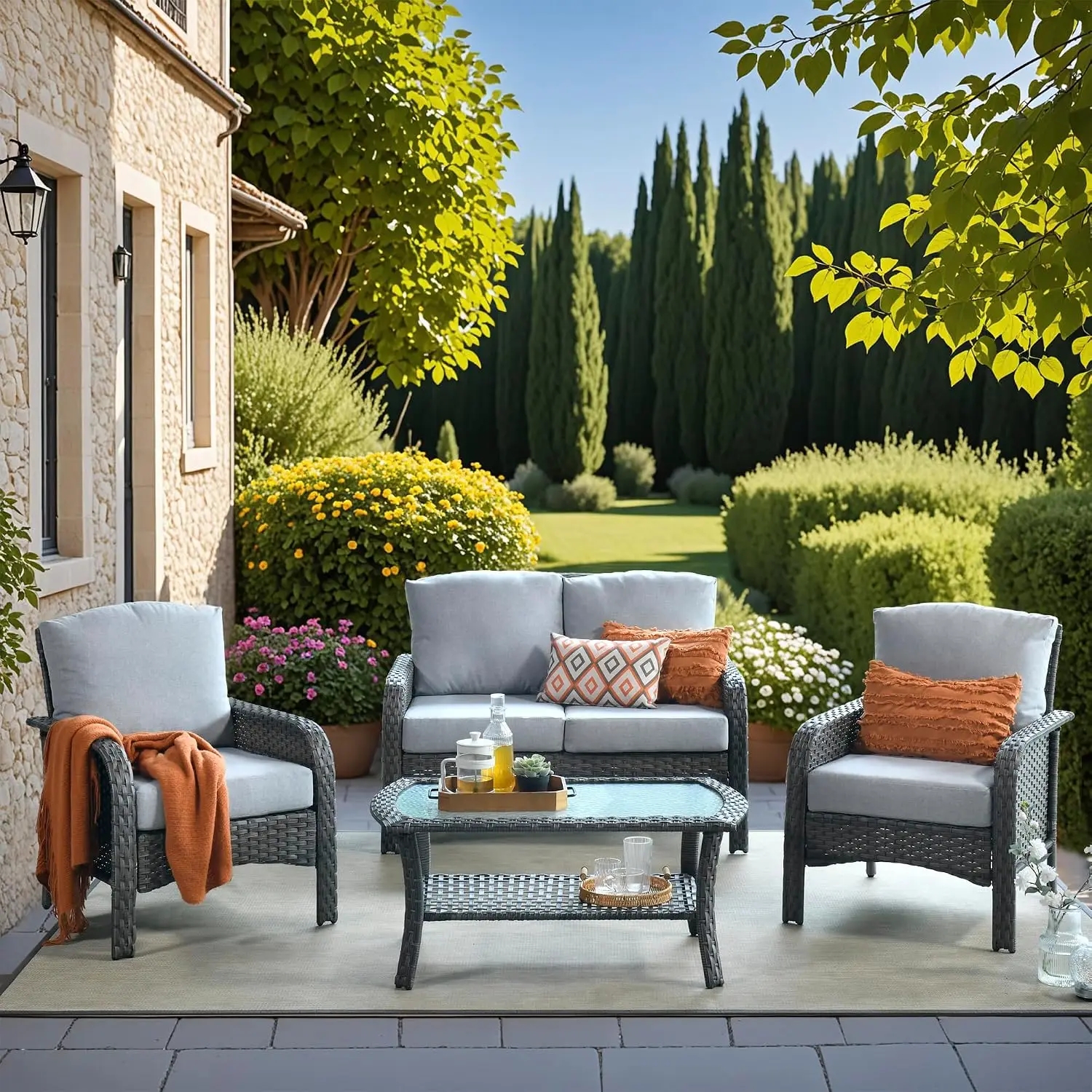 R Outdoor Loveseat & Chairs Set With Table, High Back Deep Seating Patio Furniture, Grey, Customized