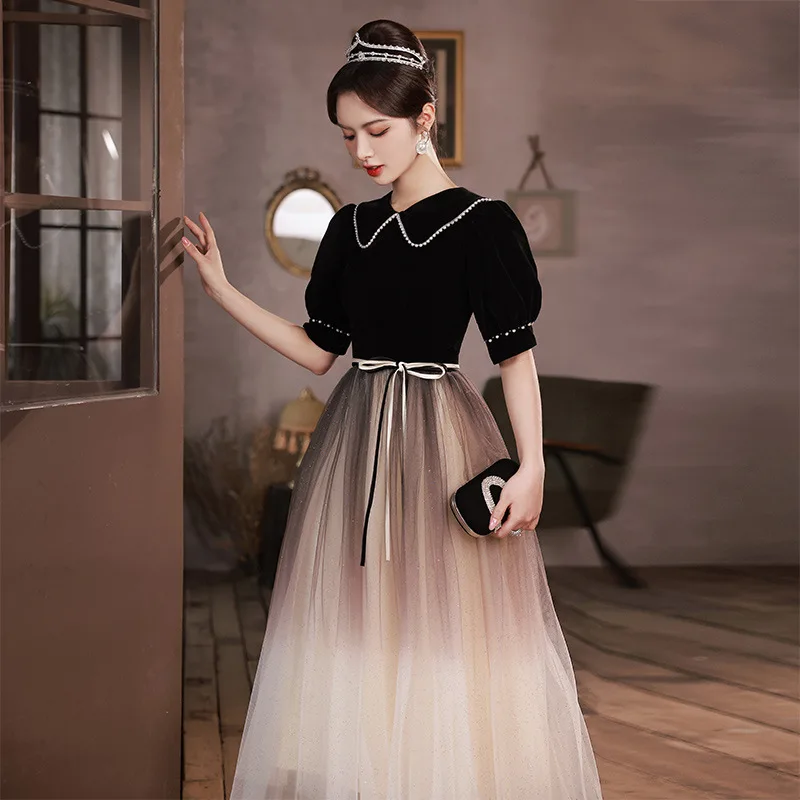 Black Gradient Evening Dress New Light Luxury Pearl Beaded Doll Collar Lace Up Bow Party Gown Tulle Sequins Banquet Long Vestido