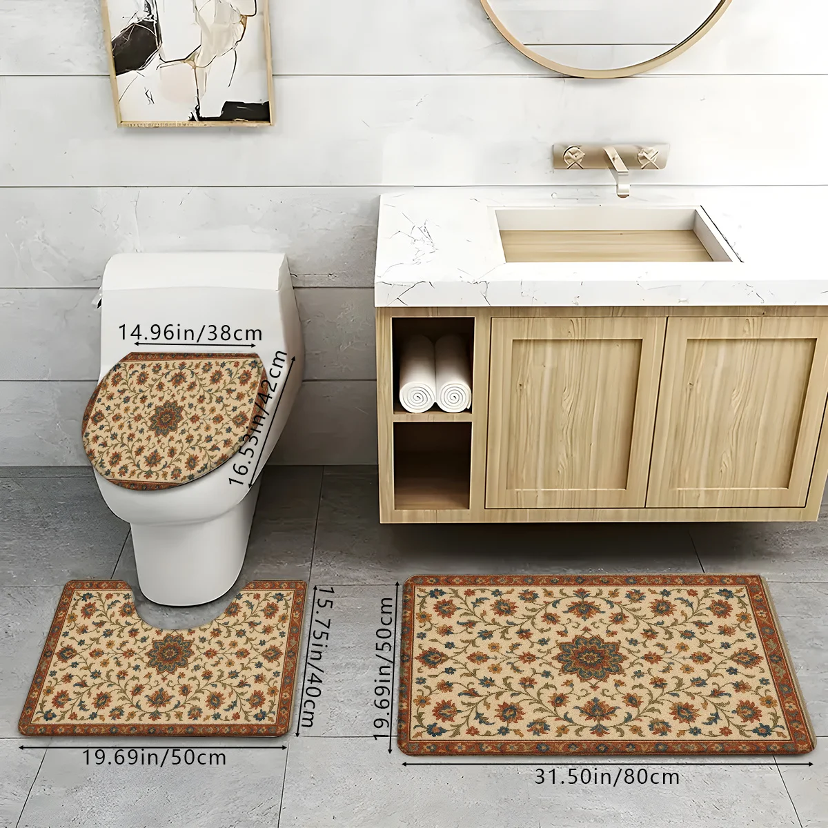 

Vintage Floral Bathroom Rug Set 3 Piece Beige Persian Pattern Non Slip Soft Bath Mat Toilet Seat Cover Contour Rug For HomeDecor