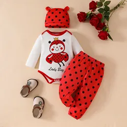 Infant Boys Girls Clothes Sets Long Sleeve Cartoon Prints Romper Bodysuit Dot Pants Hat 3Pcs Outfits 3 6 9 12 Months Old Clothes