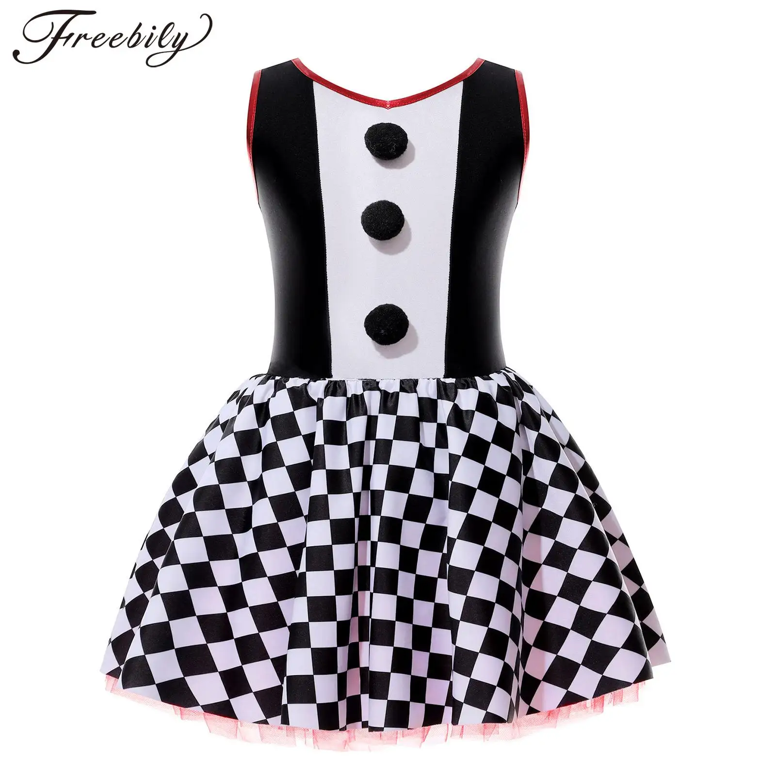 Kids Girls Halloween Clown Cosplay Costume Sleeveless Checkerboard Print Tutu Dress for Theme Party Carnival Stage Performance