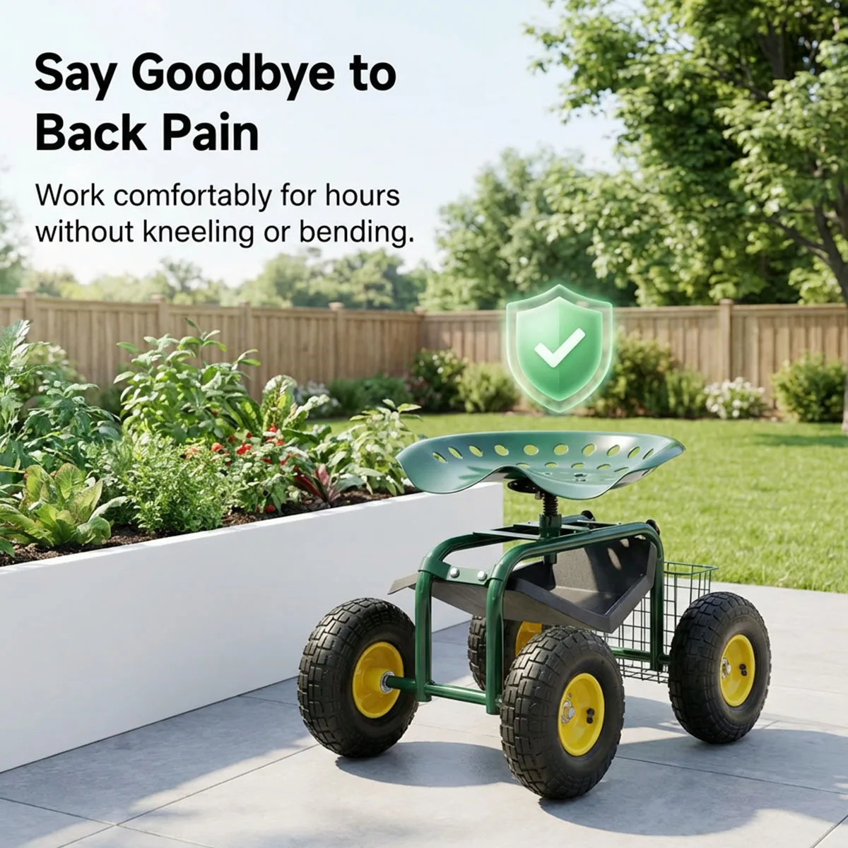 Garden Seat with Wheels, Rolling Garden Cart with Adjustable 360° Swivel Seat, Tool Tray, Basket for Lawn, Yard, Patio