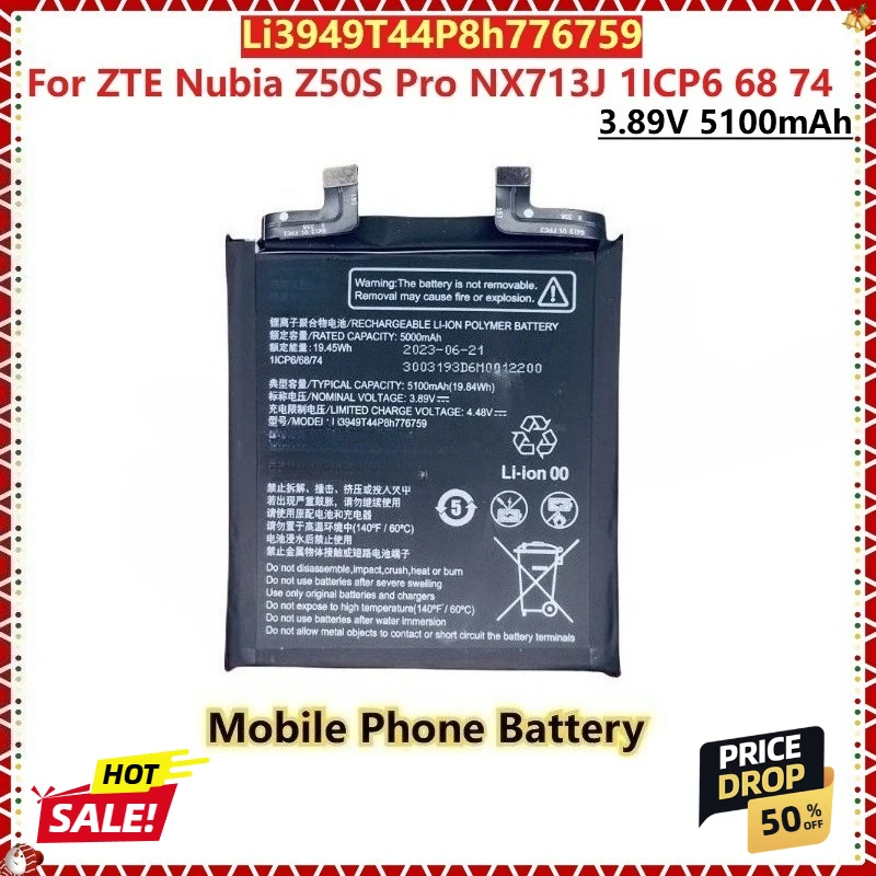 For ZTE Nubia Z50S Pro NX713J 1ICP6 68 74 New Replacement Mobile Phone Battery Come With Tools Li3949T44P8h776759 3.89V 5100mAh