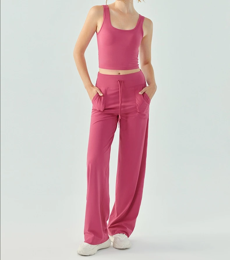 

2PCS Women Yoga Set Tracksuit Back Cross Bra Tank Top Long Loose Running High Waist Pants Fitness Active Suits Wear