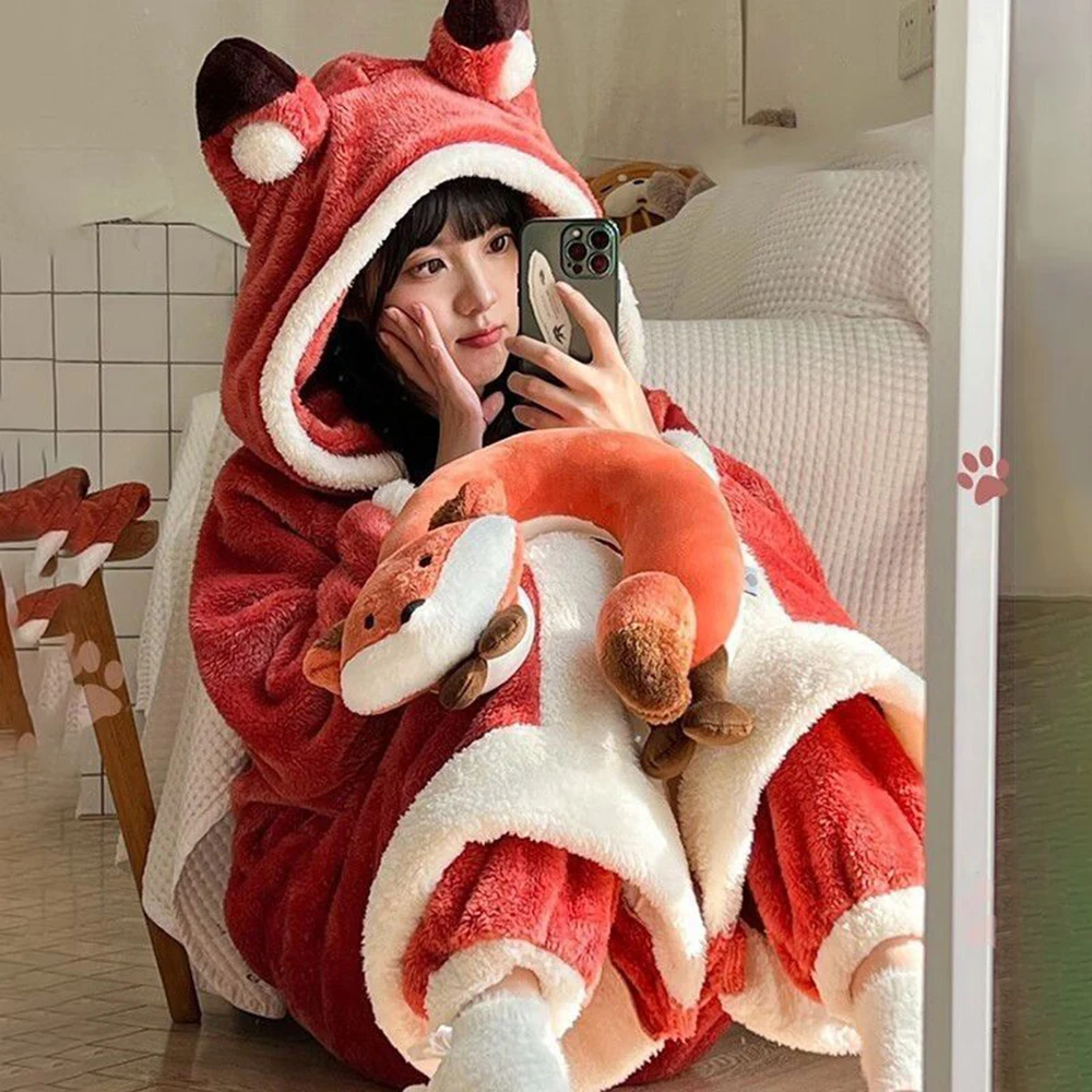 Red Fox Cosplay Hooded Robe With Pants 2 Piece Set Flannel Long Sleeve Thick Warm Soft Winter Nightdress Two-piece Set Pajamas