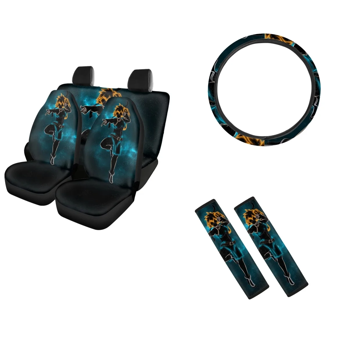 

Anime Cartoon Car Full Set Interior for Women Men Machine Washable Breathable Steering Wheel Cover and Seat Belt Sets Covers