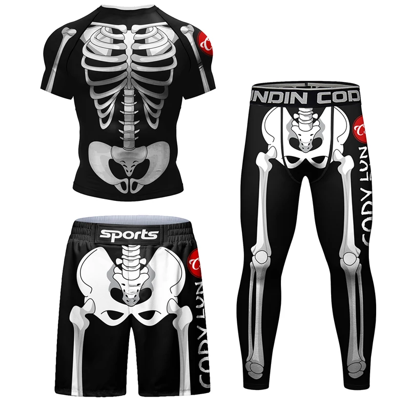 New Skull Rashguard Jiu Jitsu T-shirt+Pants MMA Shorts 4Pcs/Set Brazilian Grappling Bjj Boxing Jerseys Rash Guard Sport Clothing