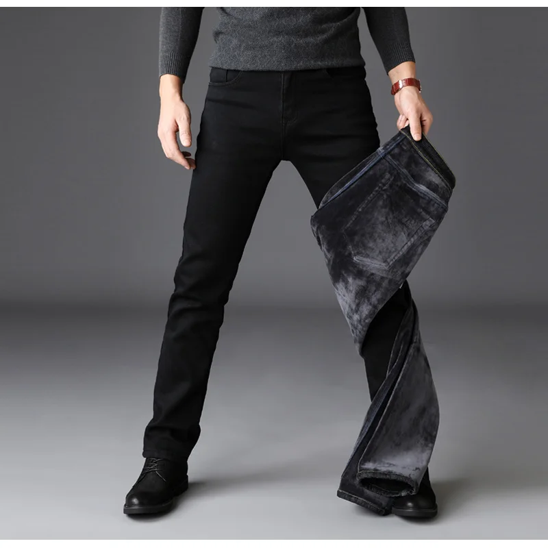 Men's Warm Velvet Winter Jeans, High-quality Pants, Elastic Pants, Slim Fit Pants, Black, Business Fashion, Thick Style, New