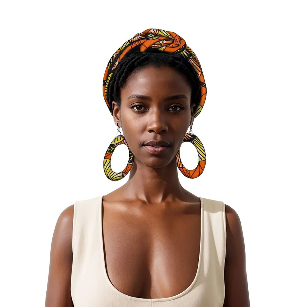 African Earrings for Women Drop Earrings with Handmade Headband Oversized Earrings Ankara Women's Cotton Rope Headwear Wyb876