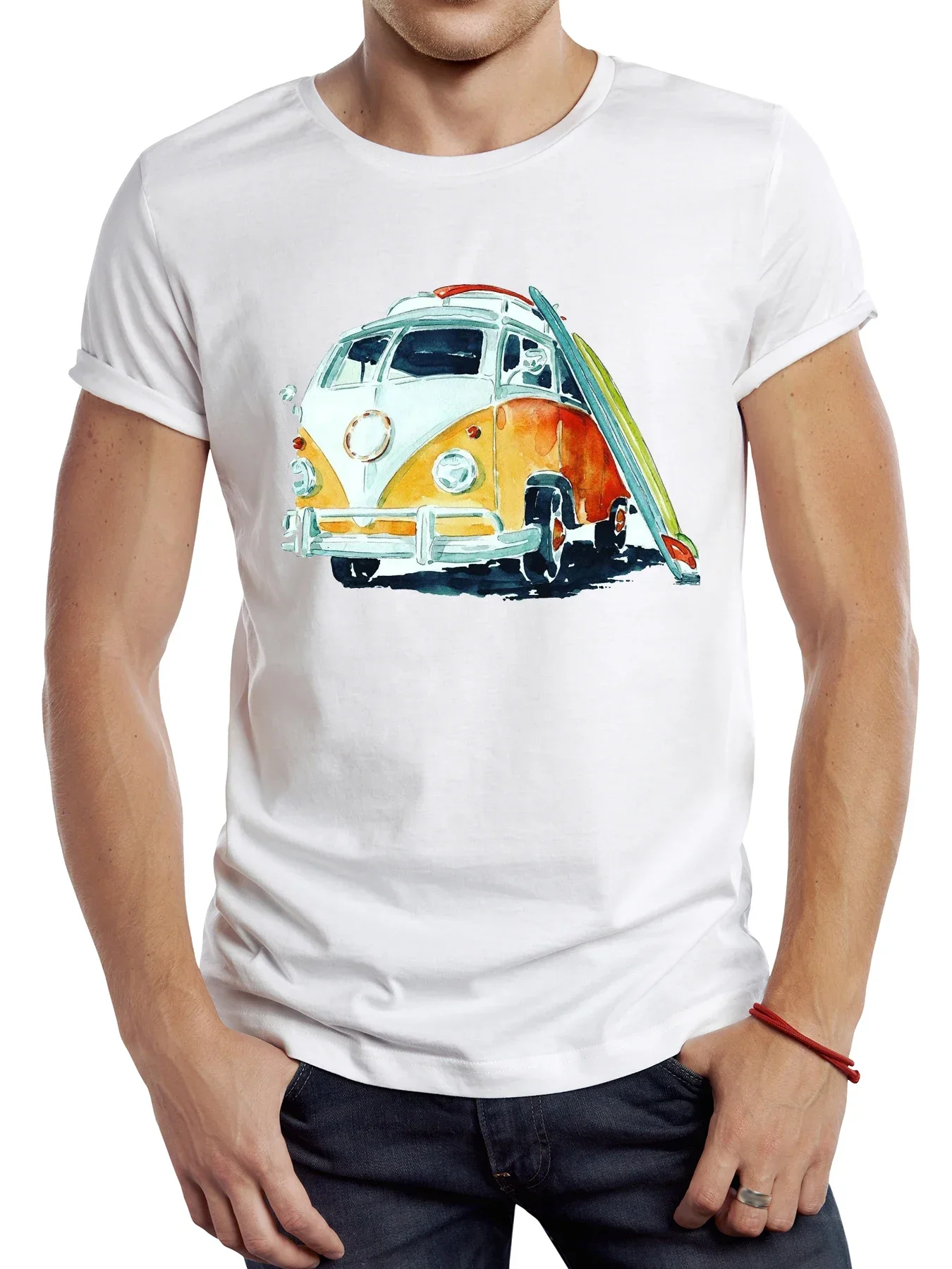 Retro Hand Drawing Classic Campeerrvan Men T Shirt Graphic Camping Bus Surfing Board Sport Cloth Casual Tops Hipster Tee