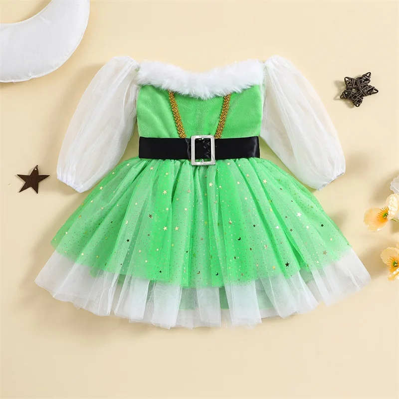 

Baby Girl Holiday Sparkle Tutu Dress Glitter Star Sequin Off Shoulder Mesh Sheer Long Sleeve A-Line Party Dress