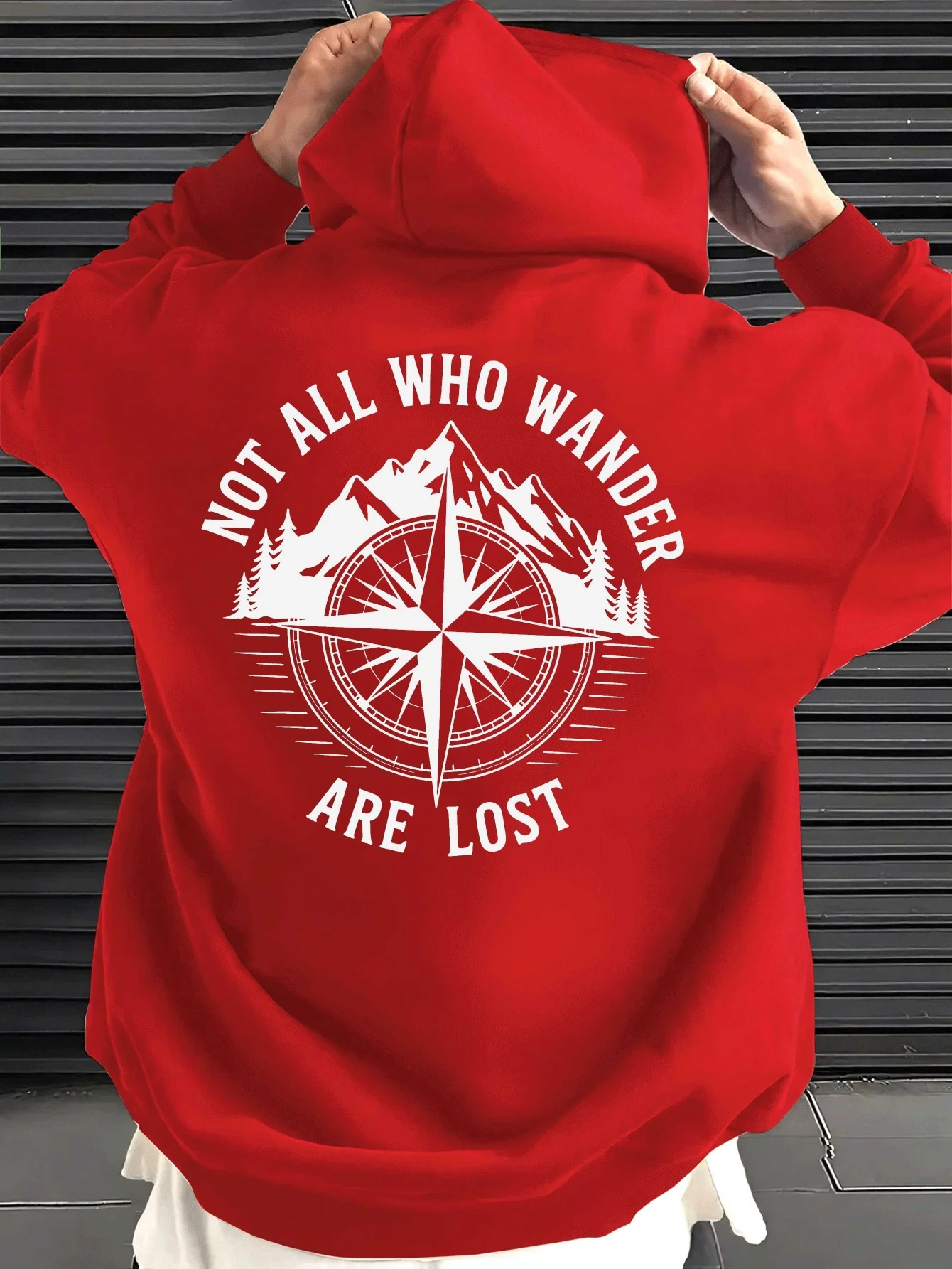 Outdoor sports exploration men's winter and autumn fleece pullover with hood,mountain compass print American street casual style