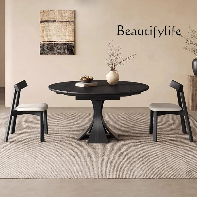 

French solid wood dining table, antique walnut round table, retro household ash wood round small apartment dining table and chai