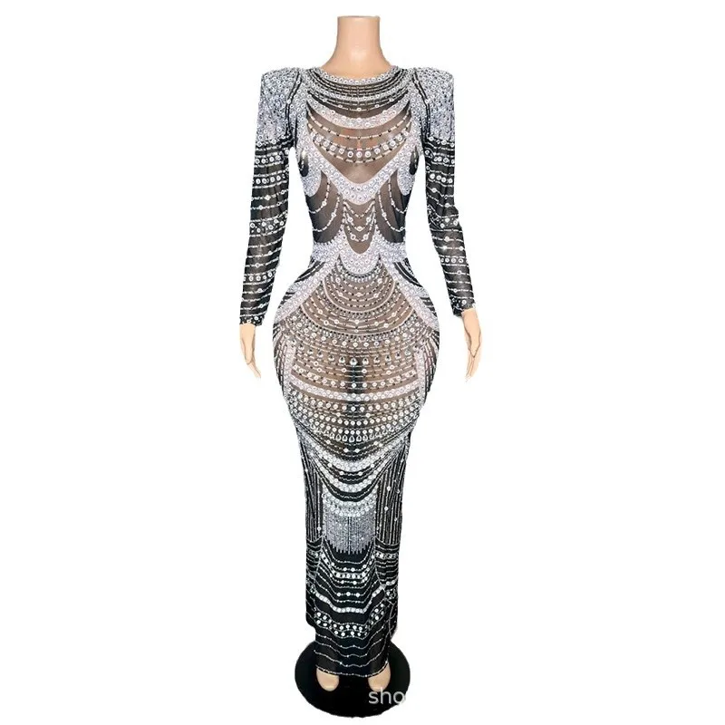 

Luxury Rhinestone Mesh See-through Temperament Dress Adult Model Catwalk Trendy Clothing Company Annual Meeting Evening Dress