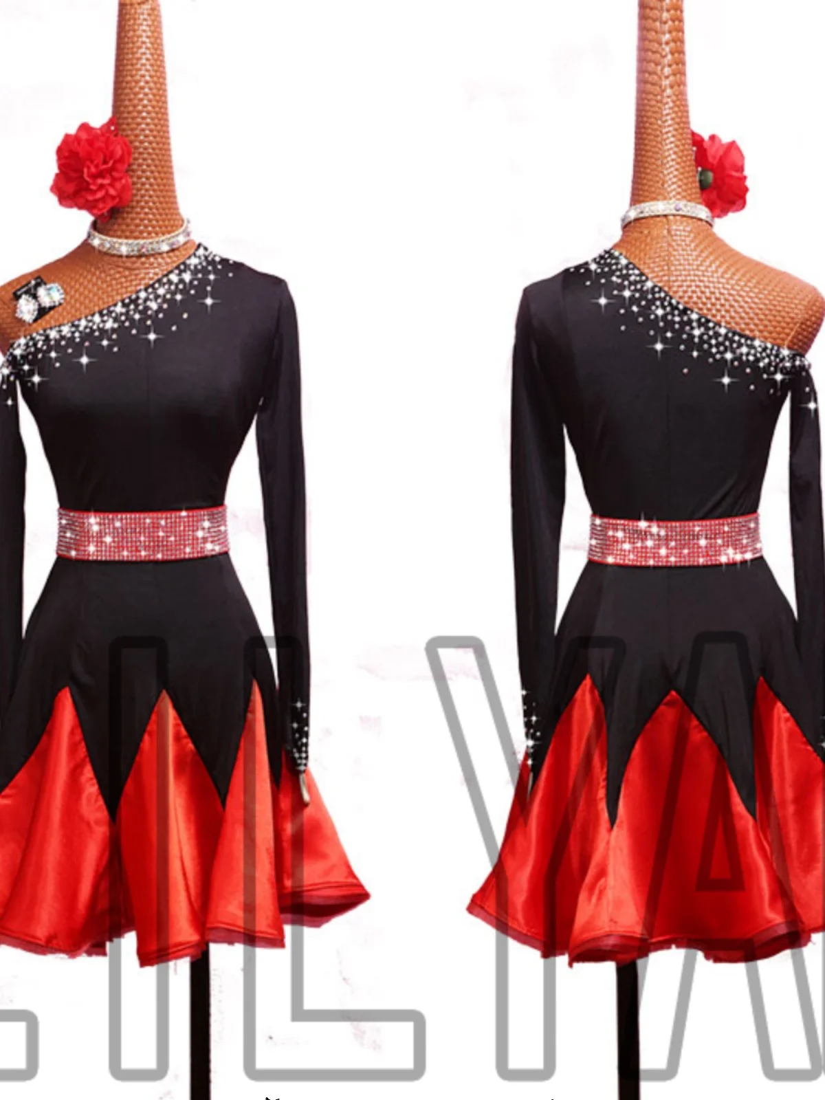 

Latin Dance Diagonal Shoulder Black Red Skirt Flash Drill Practice Performance Children's Dress