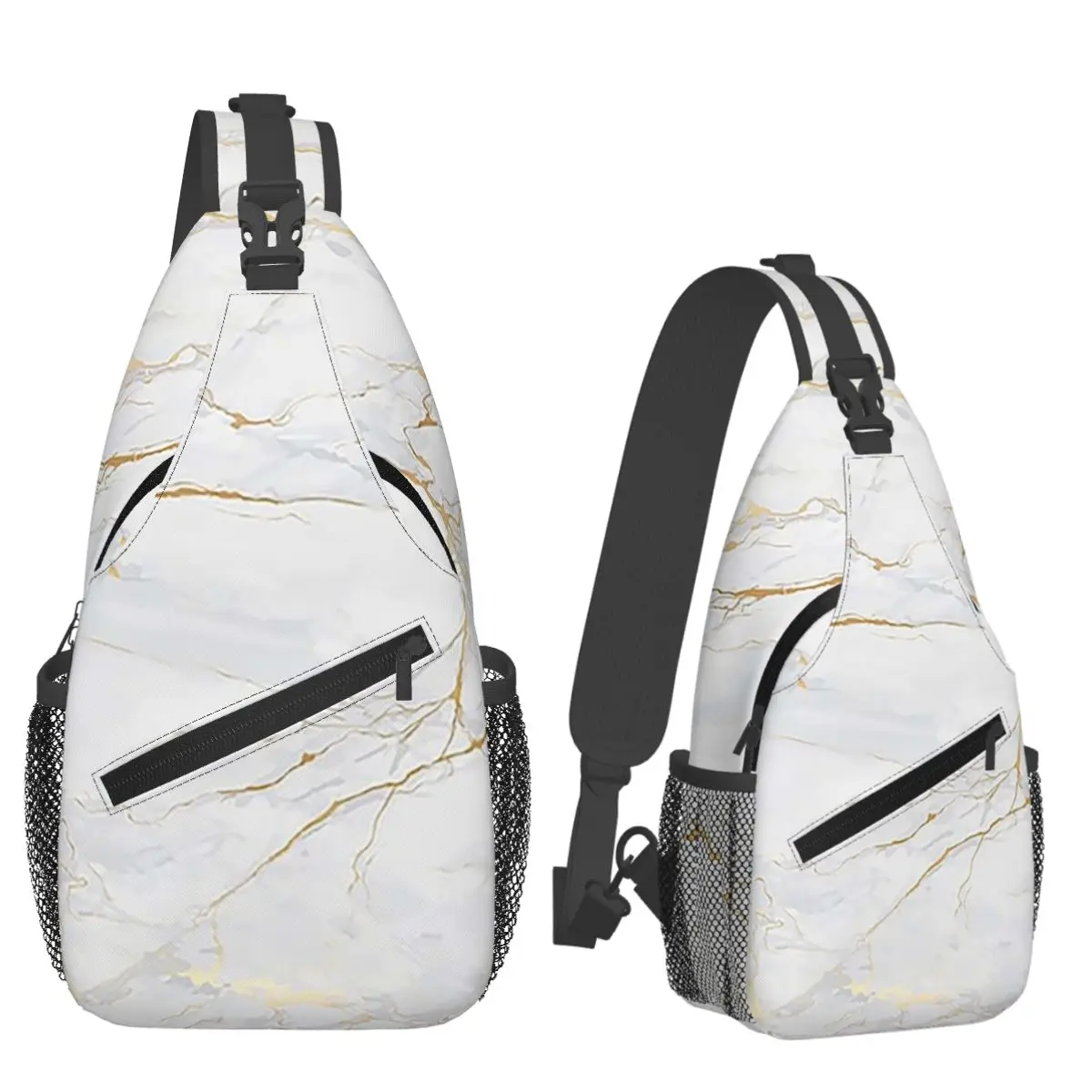 White And Gold Marbl Chest Bag Men Sling Crossbody Backpack Chest Bag Travel Hiking Daypack Shoulder Bag