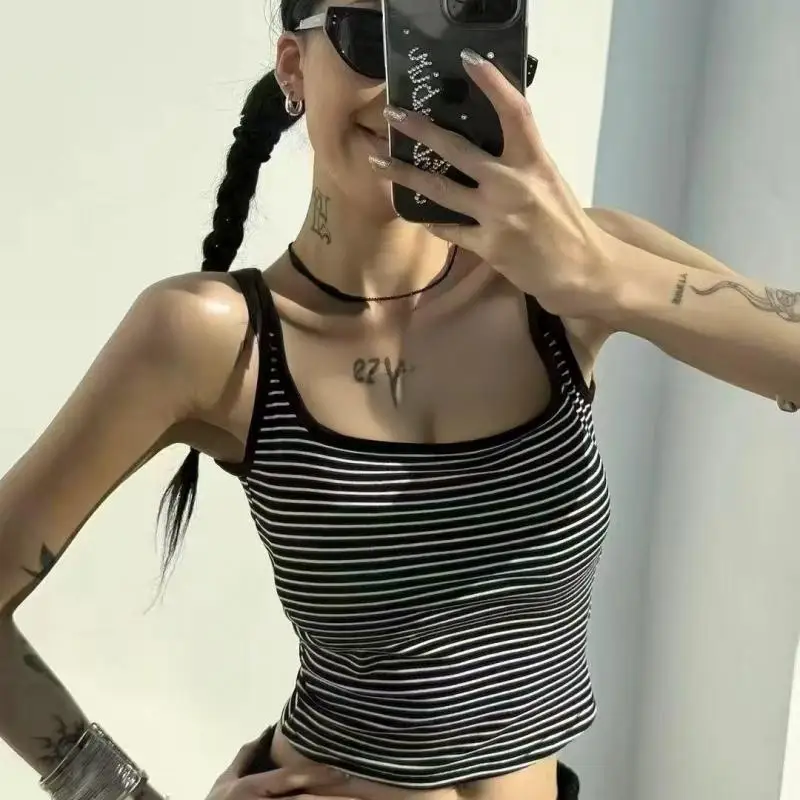 Yedinas Striped White Back Hollow Out Tank Tops Women Clothes Sleeveless Summer Tops Korean Fashion Style Halter Tops Camis Chic