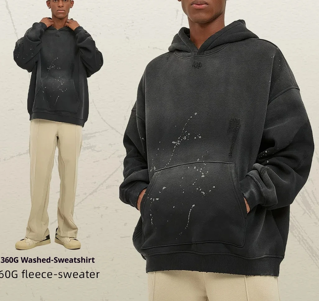 Abstract Splashed Ink Hoodies Men Heavyweight Vintage Streetwear Tattered Edges Oversized Drop Shoulder Thermal Lined Windproof