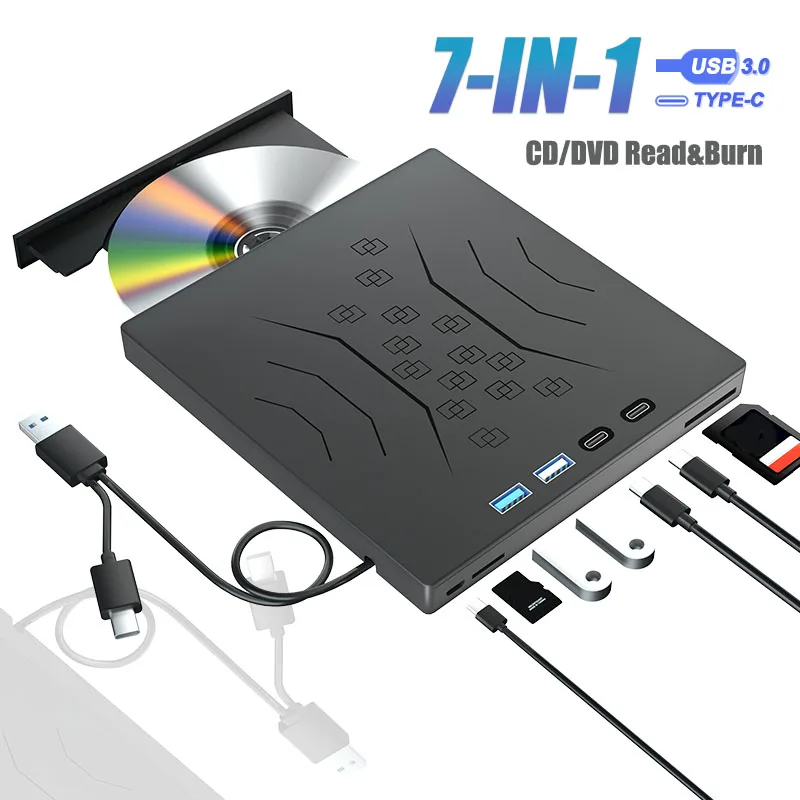 7-in-1 External DVD Drive Portable CD DVD -/+RW Player Reader with USB3.0 USB-C SD TF Card Slots DVD Burner for Laptop PC