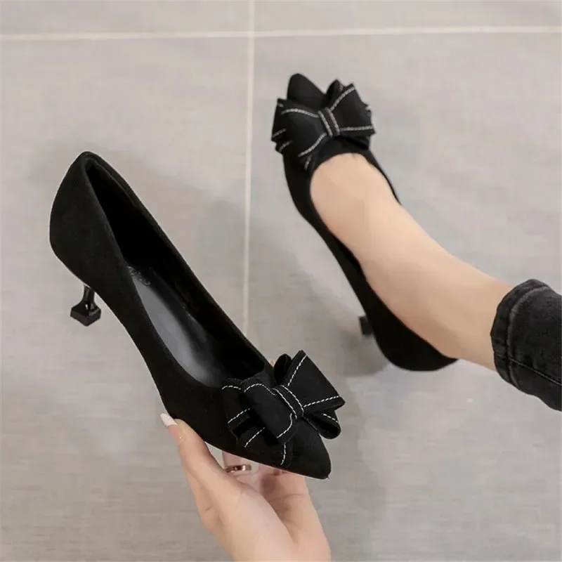 

Black Bowknot Pointed Toe Office Women Pumps Thin Heels 3cm 4.5cm 6.5cm Lightweight Wear-resistan Non-slip Korean Designer Shoes