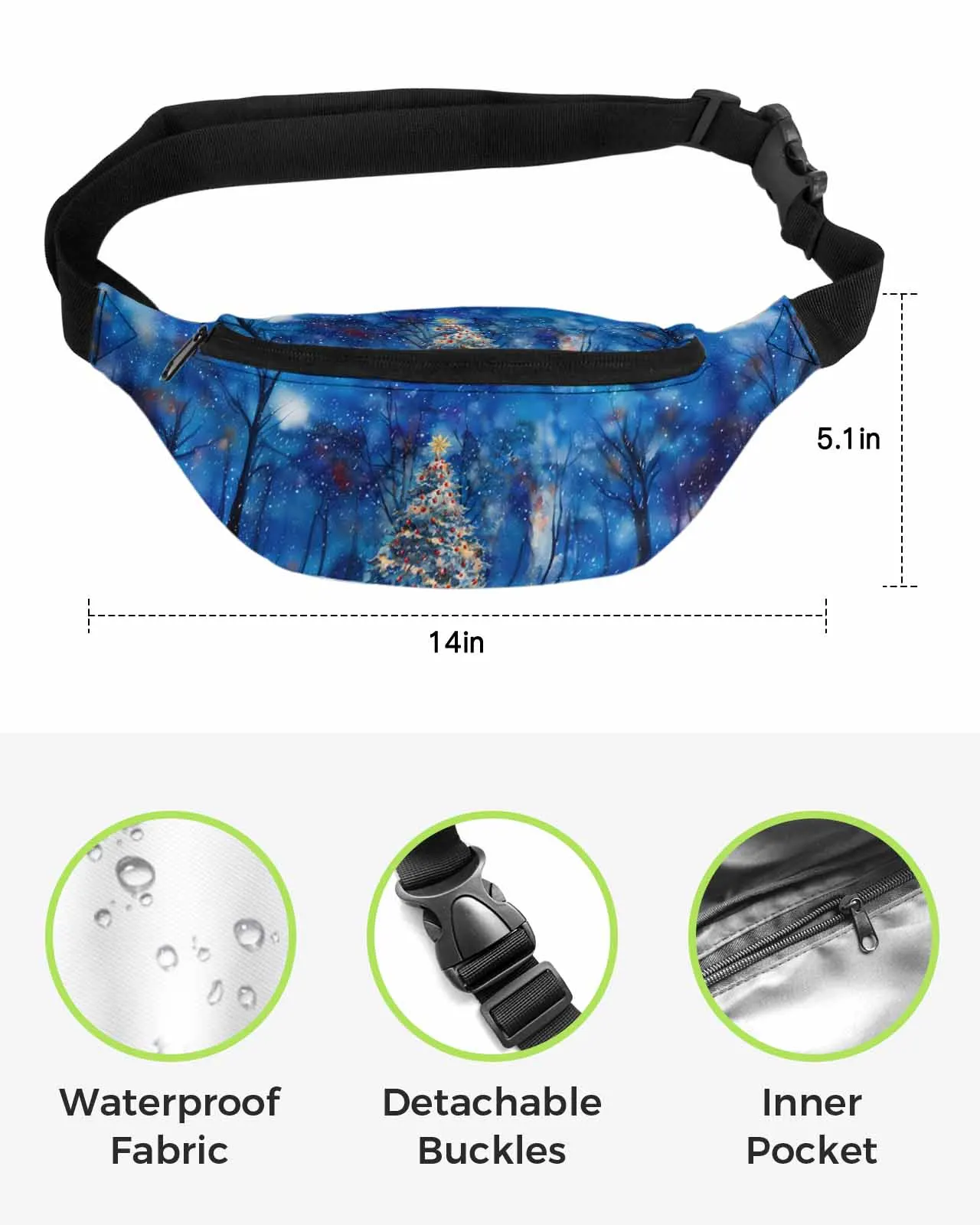 Watercolor Christmas Tree Snow Scenery Forest   Men Women Waist Bag  Belt Bag Wallet Pouch Waterproof Banana Hip Bags