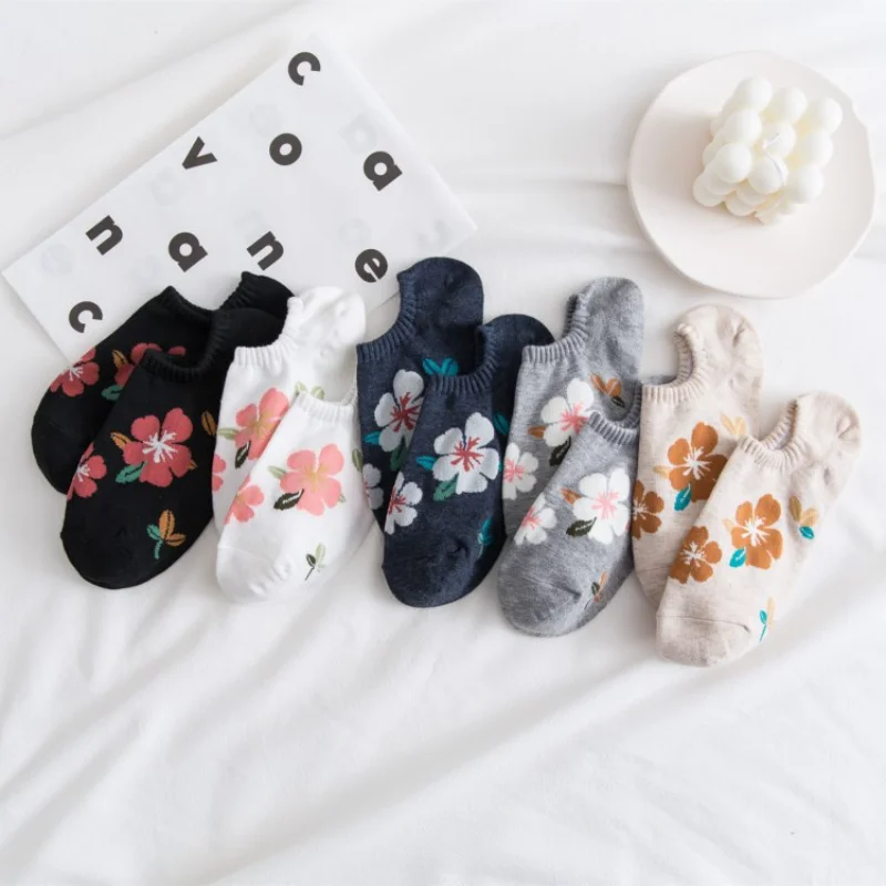 Japanese Kawaii Cute Sock Slippers Women Cotton Invisible No Show Socks Floral Print Silicone Anti-slip Low Cut Ankle Boat Socks