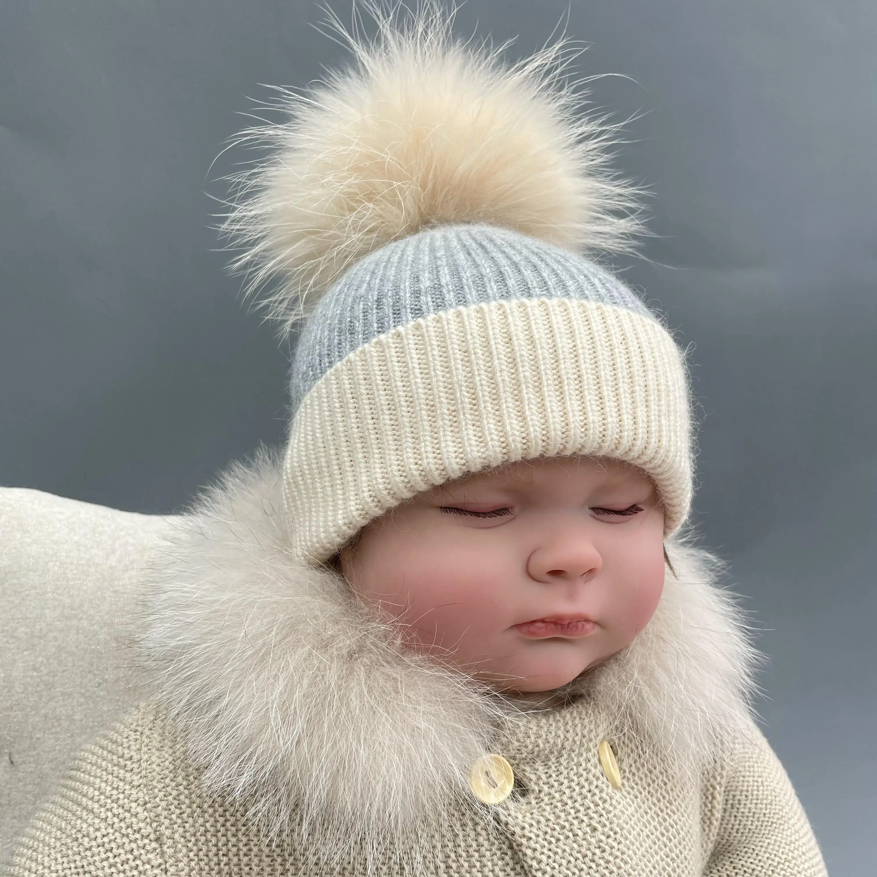 MISSJANEFUR Knitted Hats for Kids, Baby Angora Cashmere Cap for Girls and Boys, Real Fur Pom Pom Beanie, Home and Outdoor