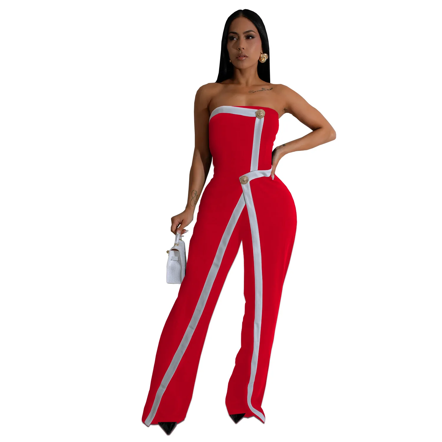 EINY Chic Women's Elegant Button Sleeveless Strapless Irregular Jumpsuits 2025 Wide Leg Outfits Night Club Streetwear One Piece
