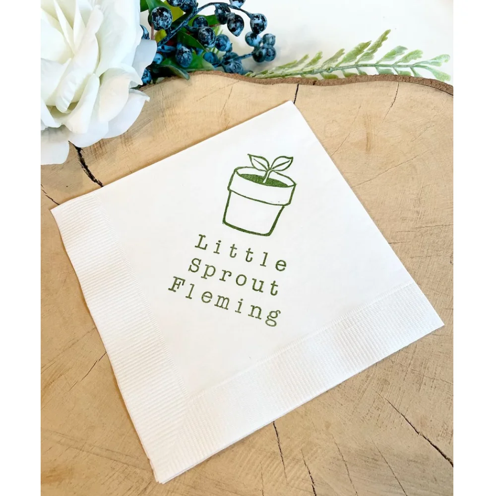 50Pcs Personalized Little Sprout Cocktail Napkins Beverage Garden Spring Summer Baby Shower in Olive Green ink Birthday Party Na