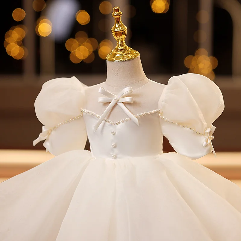 New Puff Sleeve Bow Baby Girl Tutu Dress for Party Wedding Princess 1st Birthday Baby Girl Prom Dress Pearl Toddler Girls Dress