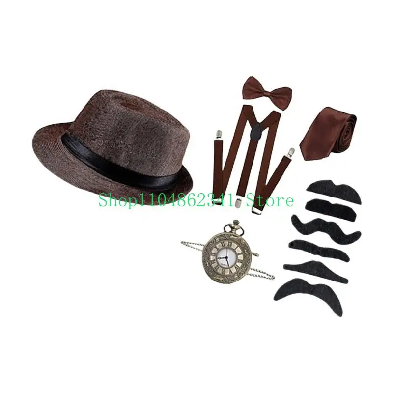 Costume da uomo anni '20 Cappello Fedora Bretelle Papillon, Bretelle Baffi Barba Set di accessori per costumi cosplay di Halloween