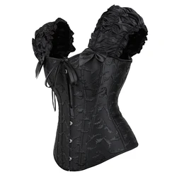 Women Sexy Puff Ruffle Sleeve Overbust Corset Steel Bone Off Shoulder Jacquard Waist Bustier Top