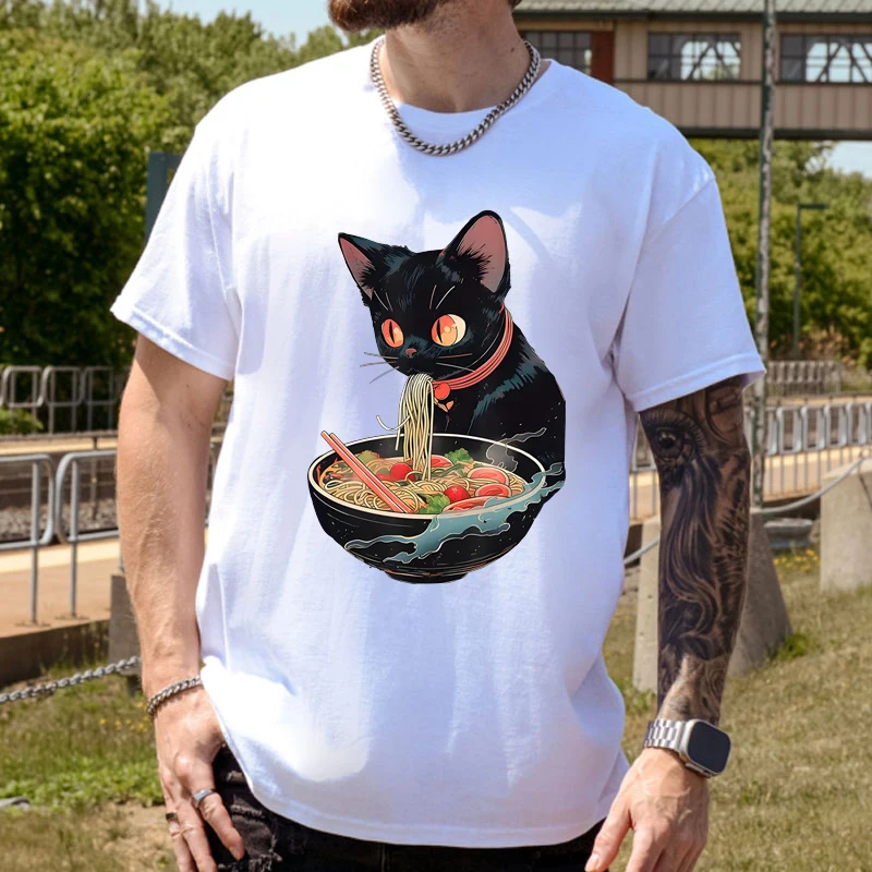 Kawaii Cat Ramen Noodle Men's Summer Fashion t-shirts Japanese Anime Manga Ramen Cat Casual Round Neck Short Sleeve T-shirt Top