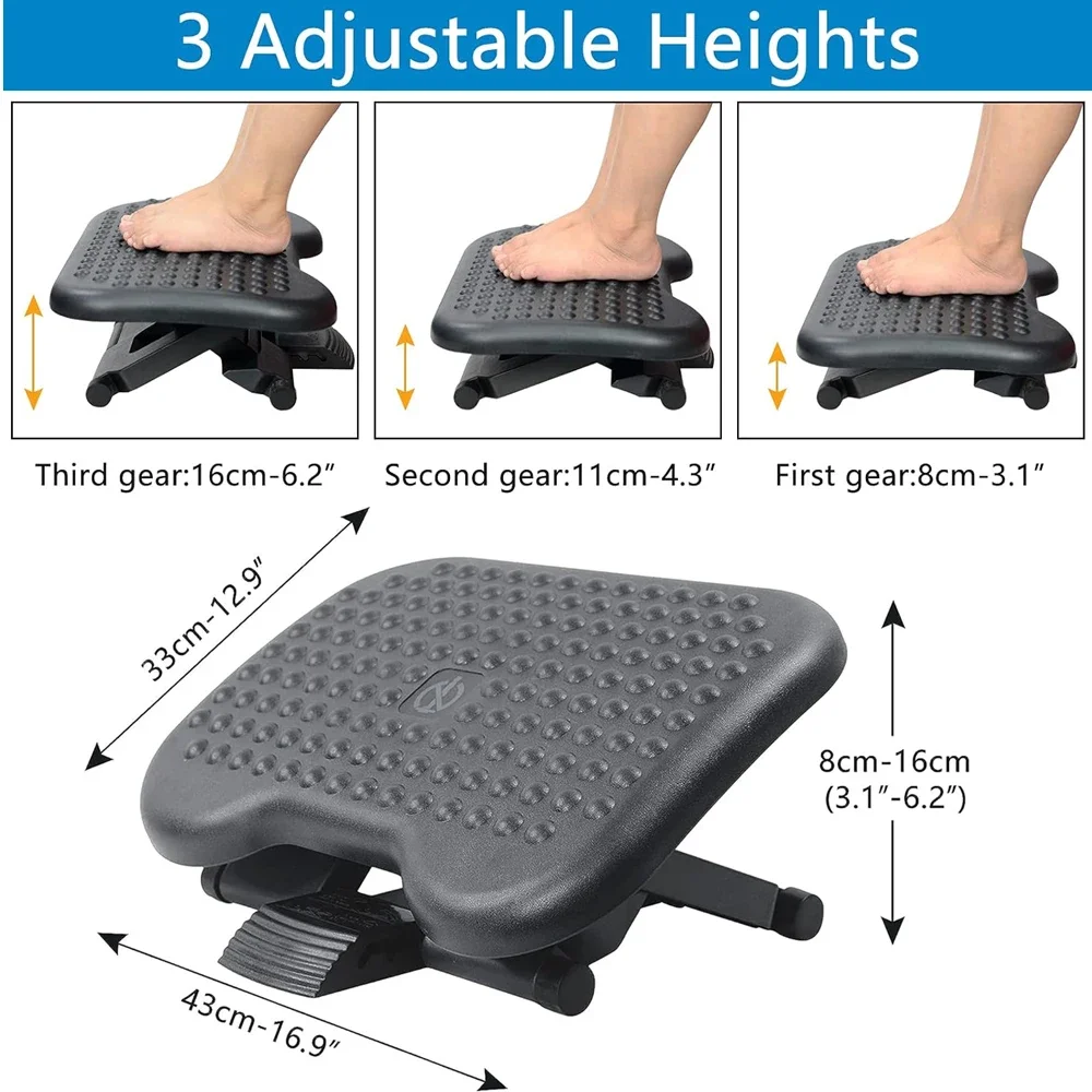 Ergonomic Under Desk Footrest with 3 Height Level,Height Adjustable Tilting Foot Stool,Home Office Footrest with Massage Surface