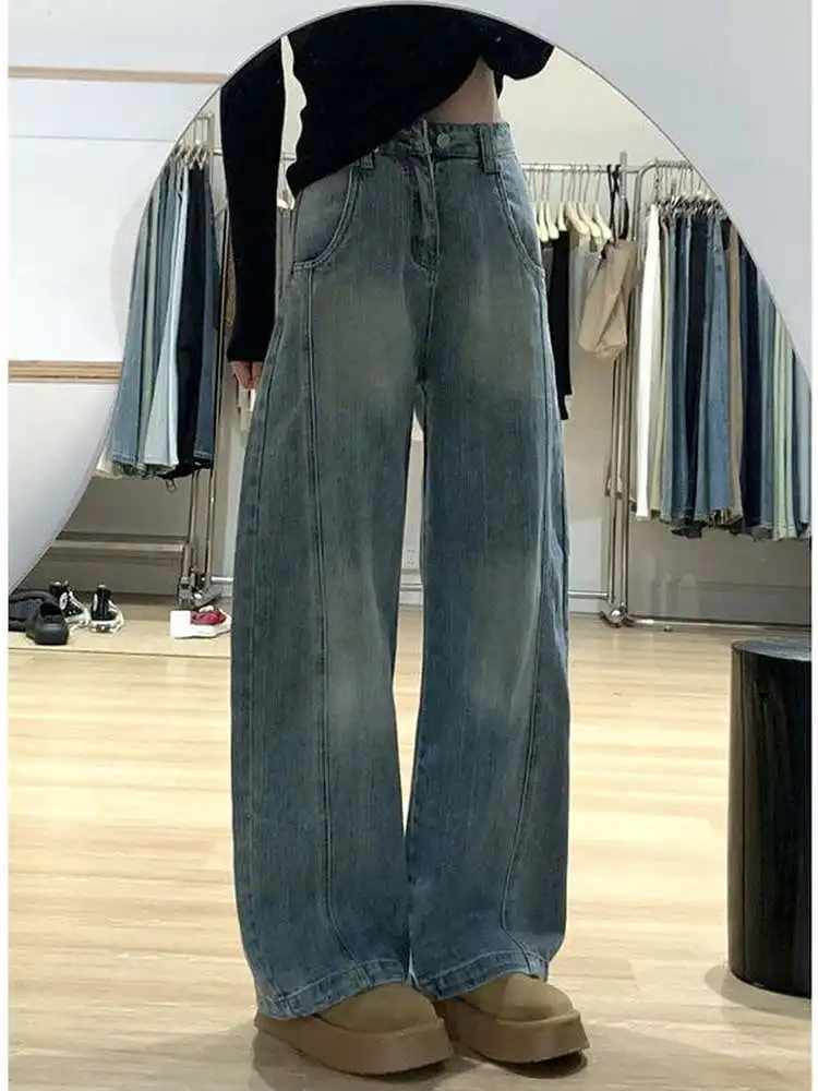 กางเกงยีนส์ทรงขาบานสไตล์อเมริกันย้อนยุคสำหรับผู้หญิง ทรงหลวม เอวสูง ช่วยให้ดูผอม ใส่ได้ในฤดูใบไม้ร่วงและฤดูหนาว มีไซส์พลัสสำหรับสาวอวบ