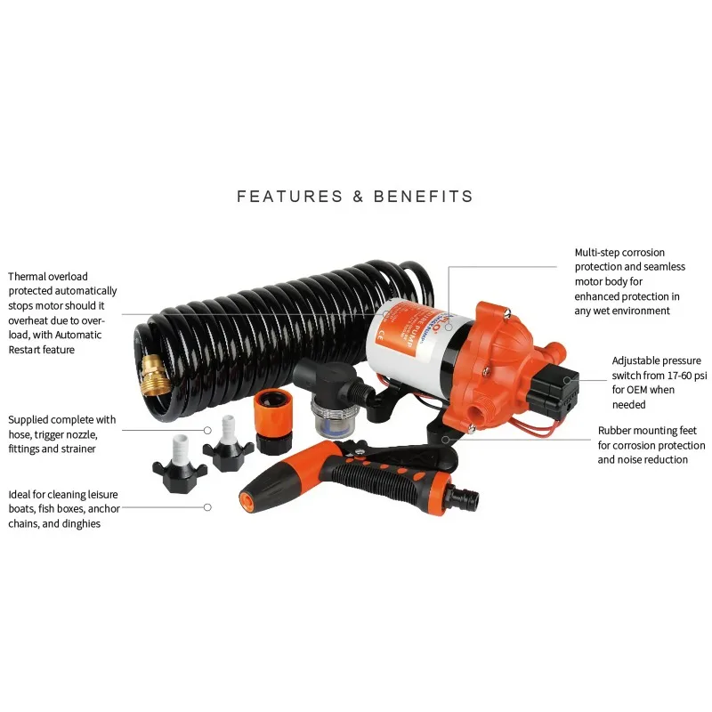 SEAFLO 33 Series 3.0GPM 70PSI 12V Washdown Pump Kit With Coiled Hose Marine Boat Accessories Showers for RV Caravan