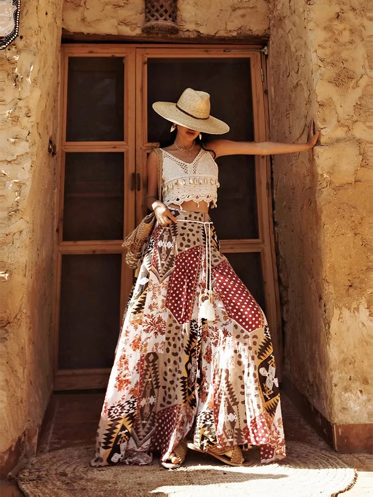 66-74cm Waist Summer Skirt Women Holiday Long Skirt Bohemian Vacation Style Printed Sexy Side Slit Multi Piece Patchwork Skirt