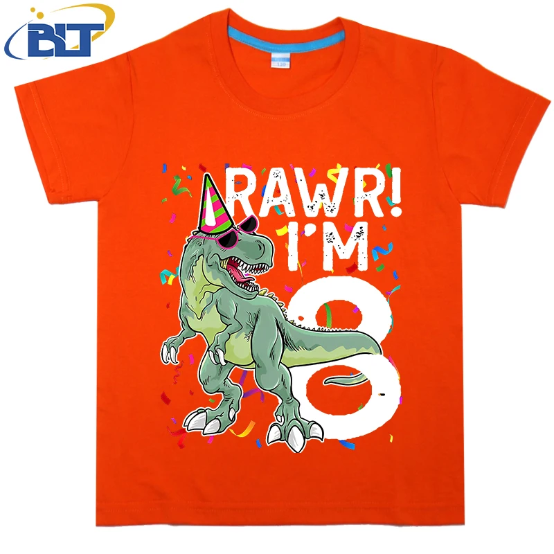 8 Year Old Birthday Gift Boy T Rex Dinosaur Printed kids T-shirt Summer Cotton Short Sleeve Casual Tops Boys Girls Unisex