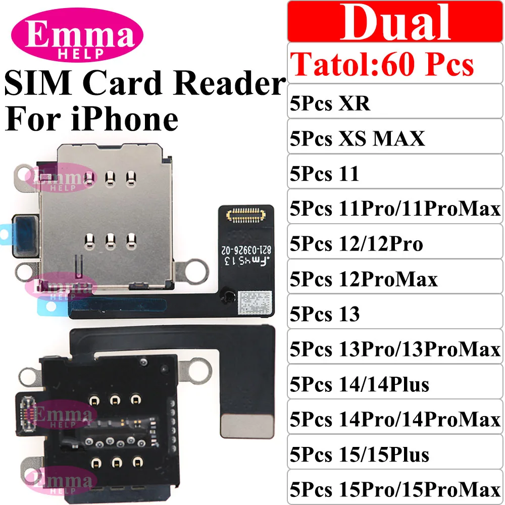 EmmaHelp Dual Sim Card Reader Connector Flex Cable For IPhone 11 12 13 15 Pro Max 14 Plus XR Single Tray Slot Holder Adapter