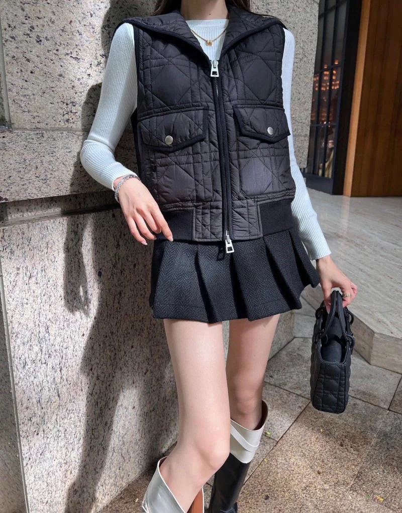 2024 Autumn/Winter New Women\'s College Women\'s Tank Top Fashion Simple Diamond Grid Navy Blue Collar Cotton Jacket