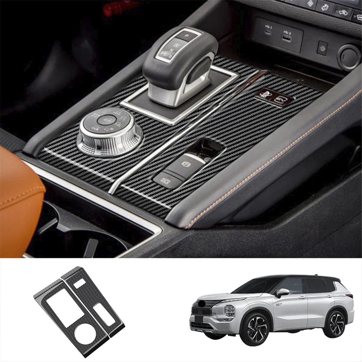 2PCS Carbon Fiber Central Gear Shift Panel Control Panel Decal Interior Modification for Mitsubishi Outlander 2022+ RHD