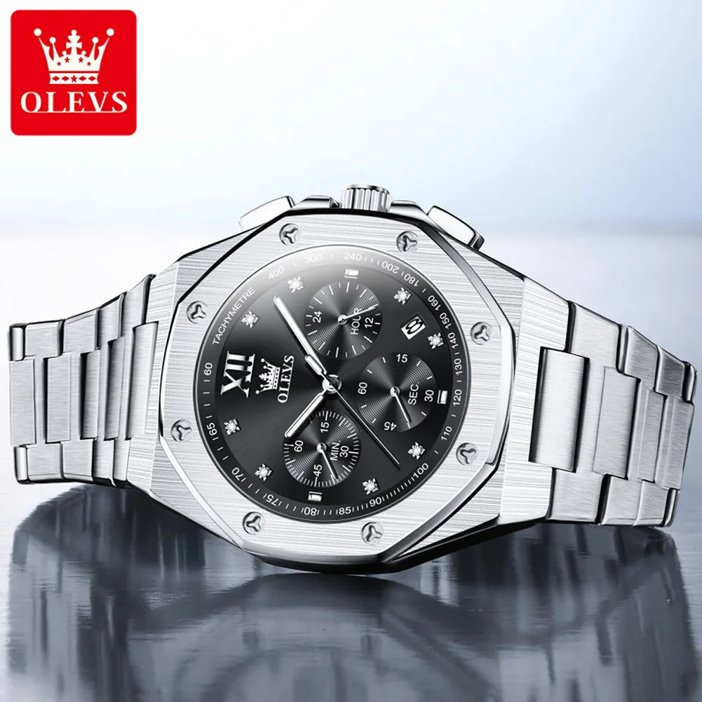 OLEVS 3626 Quartz Watch For Men Multi-functional Dial 24-hour Moon Phase Stainless Steel Strap Luminous Waterproof Watch