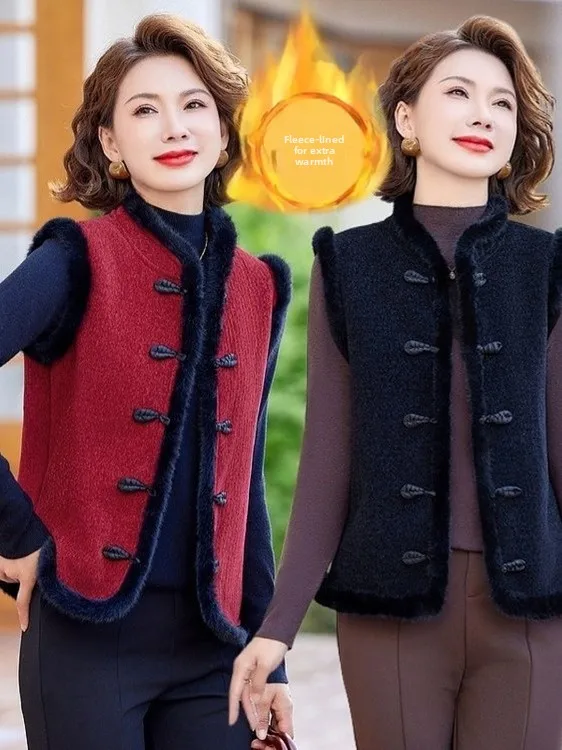 

New Chinese Sle Thiened Fce Women's Vest Autumn Winter Outerwear Mom's Clothes Jaet oulder Pad Winter Warm Vest