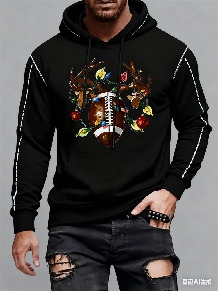

Autumn Winter Rugby Christmas Print Men's Hoodies Holiday Casual Cute X'mas Elk Graphic Fashion Long Sleeve Sweatshirts Clothing