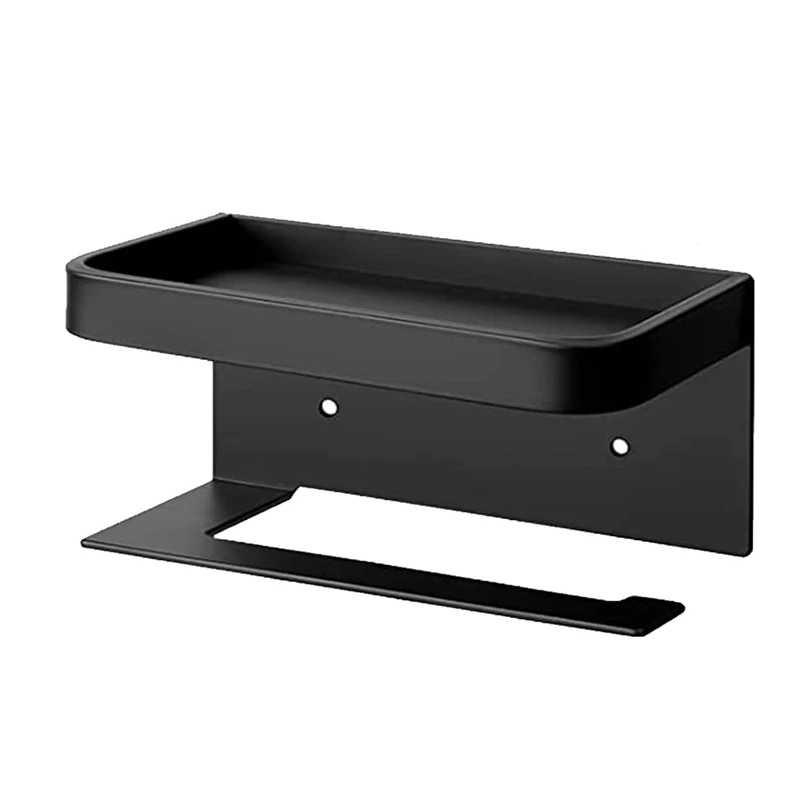 ساخن! حامل لفة ورق مرحاض ذاتي اللصق مع رف ، حامل مناديل أسود مثبت على الحائط ، رف هاتف للحمام